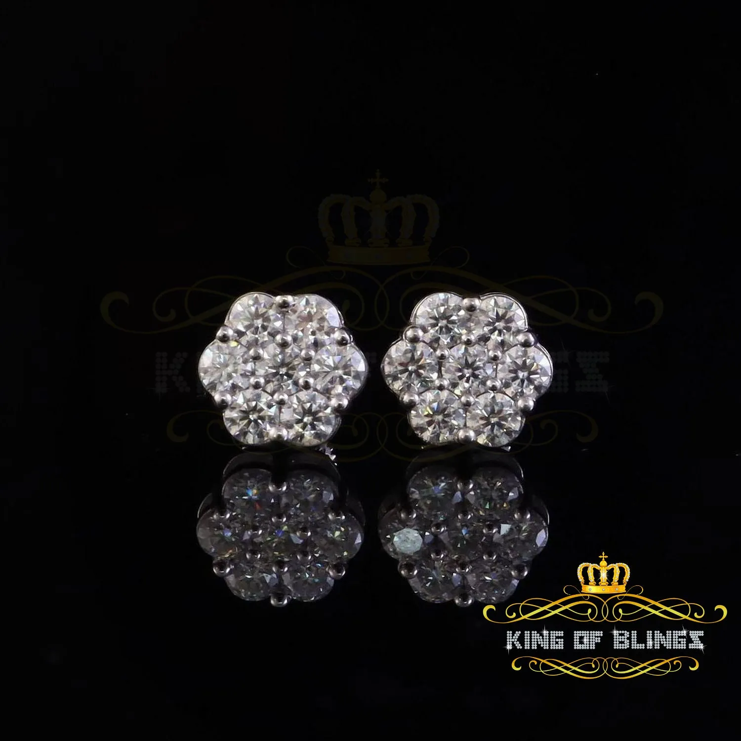King of Bling's New Men's/Women's 925 Silver White 2.25ct VVS 'D' Moissanite flower Stud Earrings