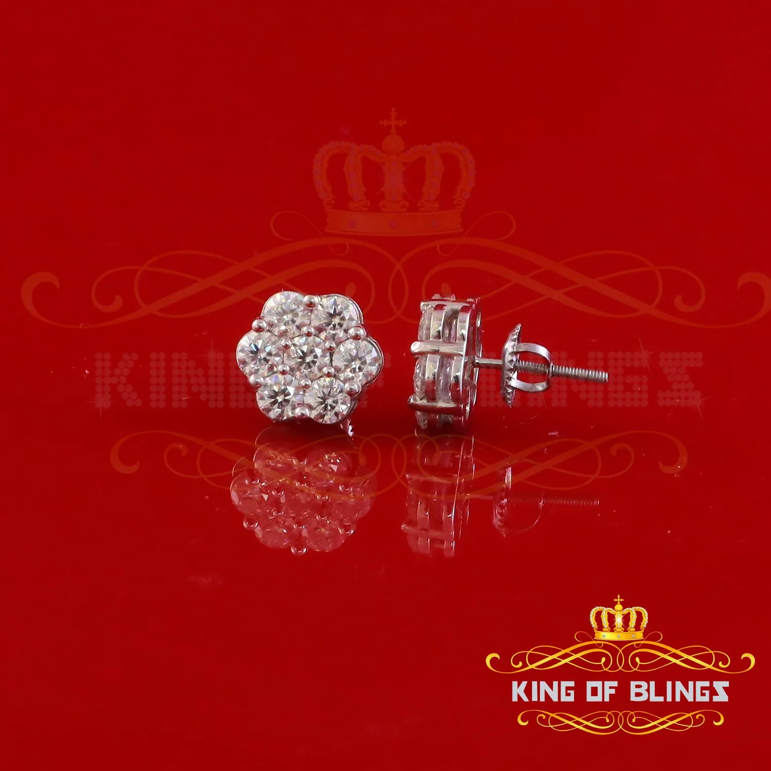 King of Bling's New Men's/Women's 925 Silver White 2.25ct VVS 'D' Moissanite flower Stud Earrings