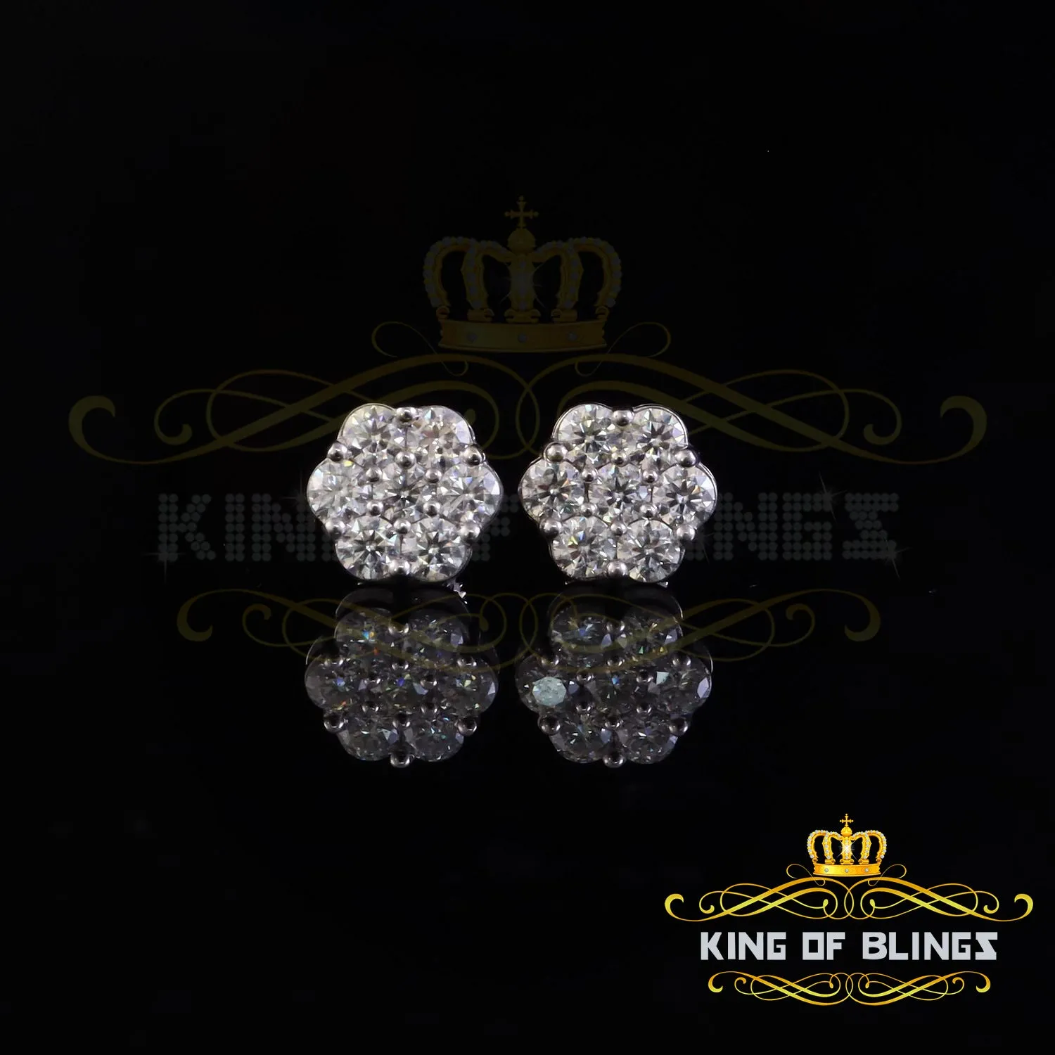 King of Bling's New Men's/Women's 925 Silver White 2.25ct VVS 'D' Moissanite flower Stud Earrings