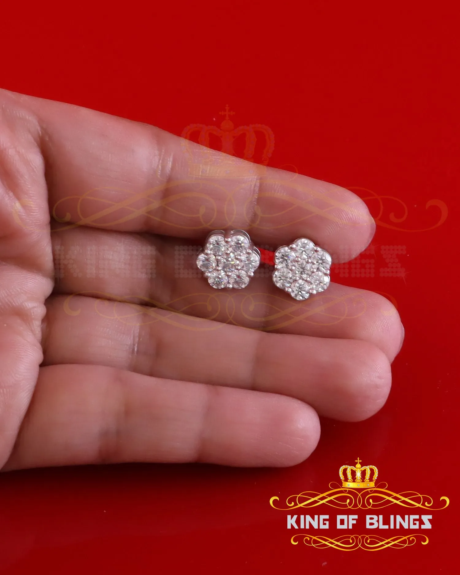 King of Bling's New Men's/Women's 925 Silver White 2.25ct VVS 'D' Moissanite flower Stud Earrings