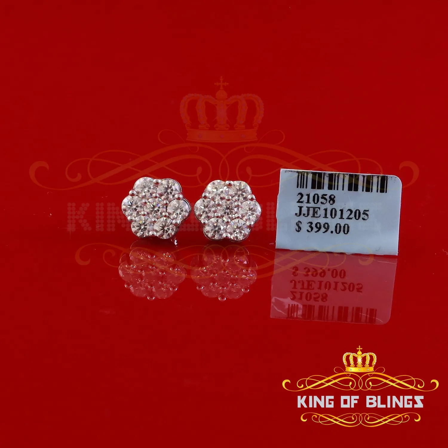 King of Bling's New Men's/Women's 925 Silver White 2.25ct VVS 'D' Moissanite flower Stud Earrings