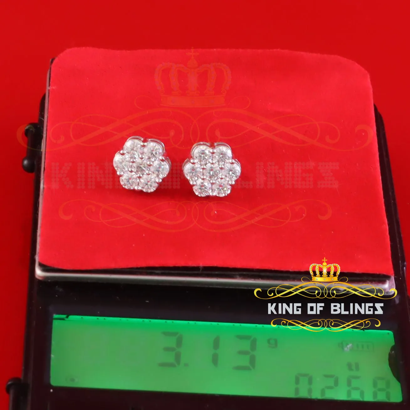 King of Bling's New Men's/Women's 925 Silver White 2.25ct VVS 'D' Moissanite flower Stud Earrings