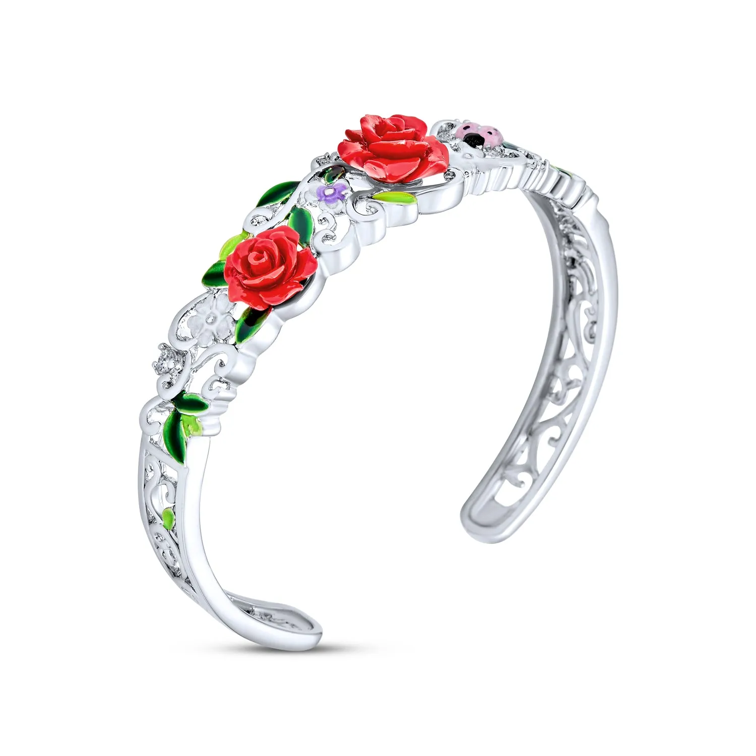 Ladybug Floral Bouquet Red Rose Cuff Bracelet in Silver Filigree Design