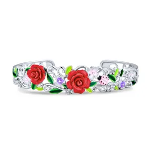 Ladybug Floral Bouquet Red Rose Cuff Bracelet in Silver Filigree Design