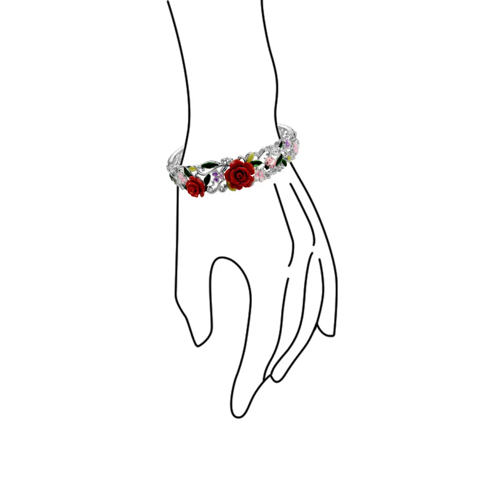 Ladybug Floral Bouquet Red Rose Cuff Bracelet in Silver Filigree Design