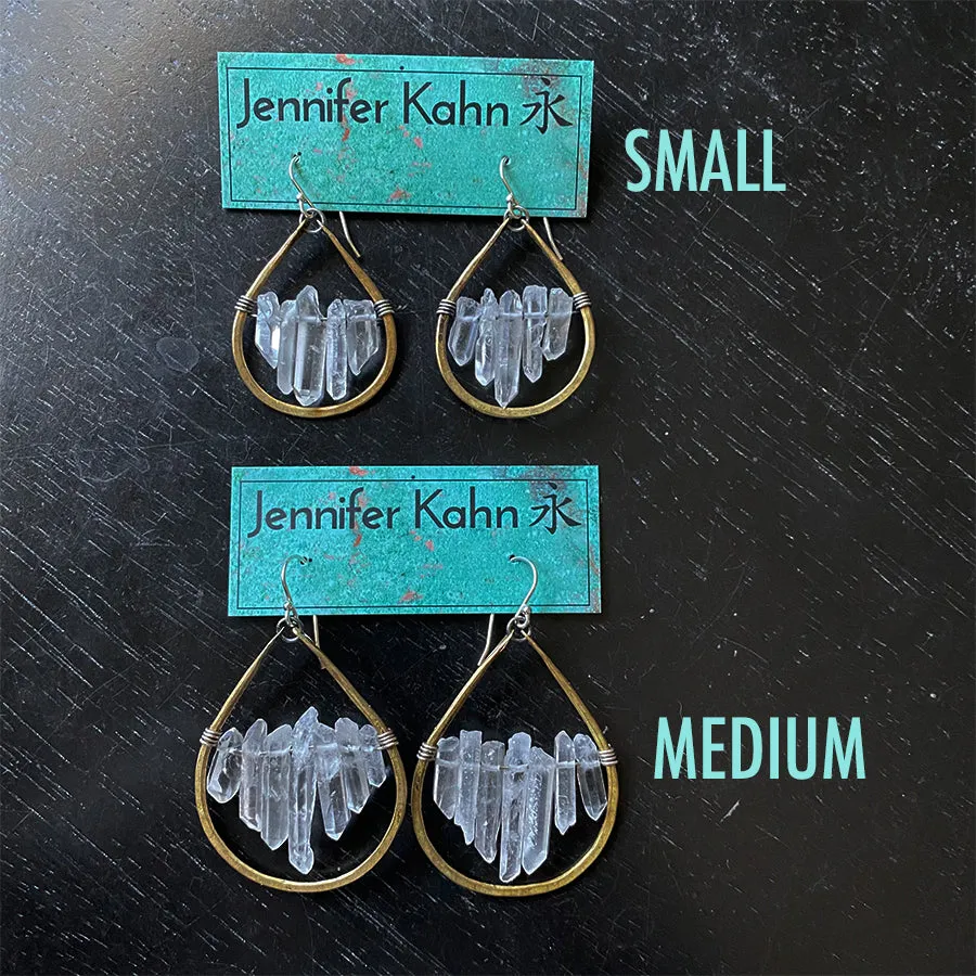 Large Quartz Cluster Earrings in Medium Brass Teardrops