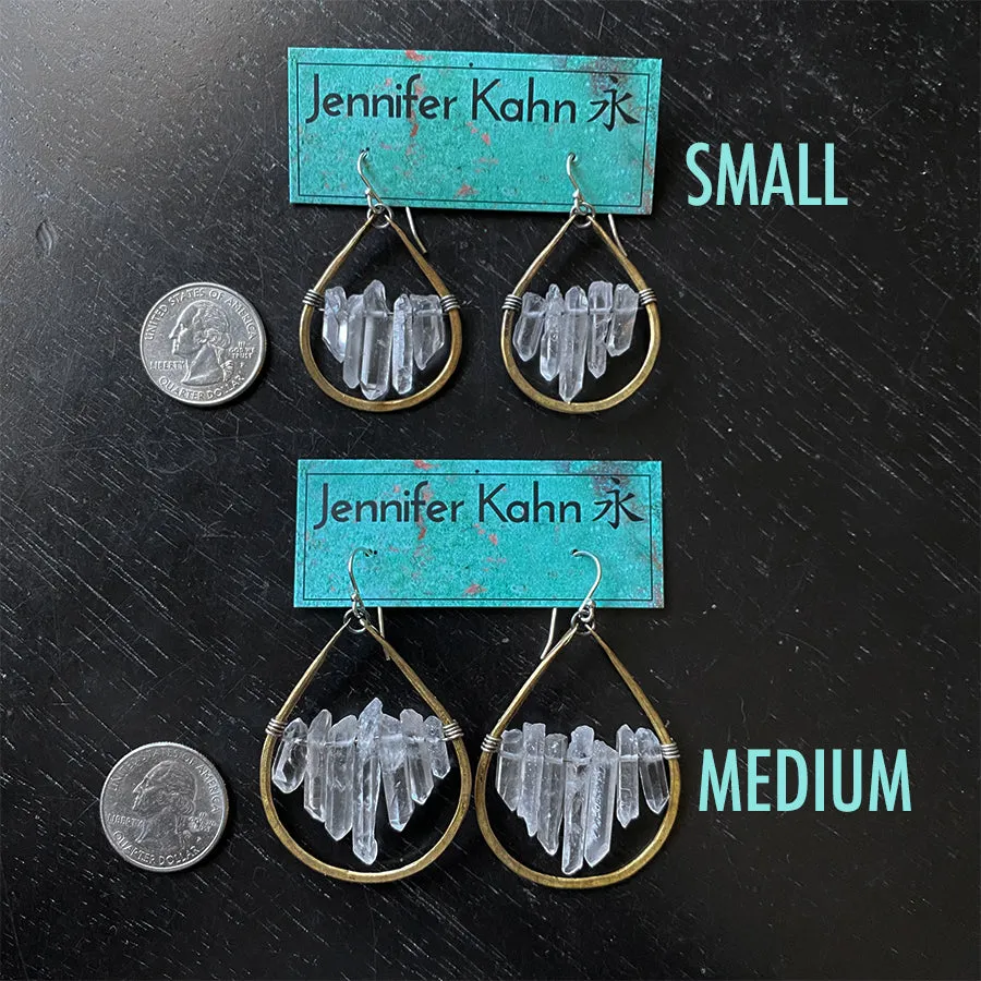 Large Quartz Cluster Earrings in Medium Brass Teardrops