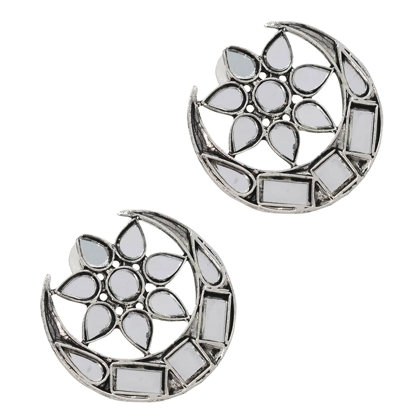 Manth Silver Oxidized Mirror Earrings