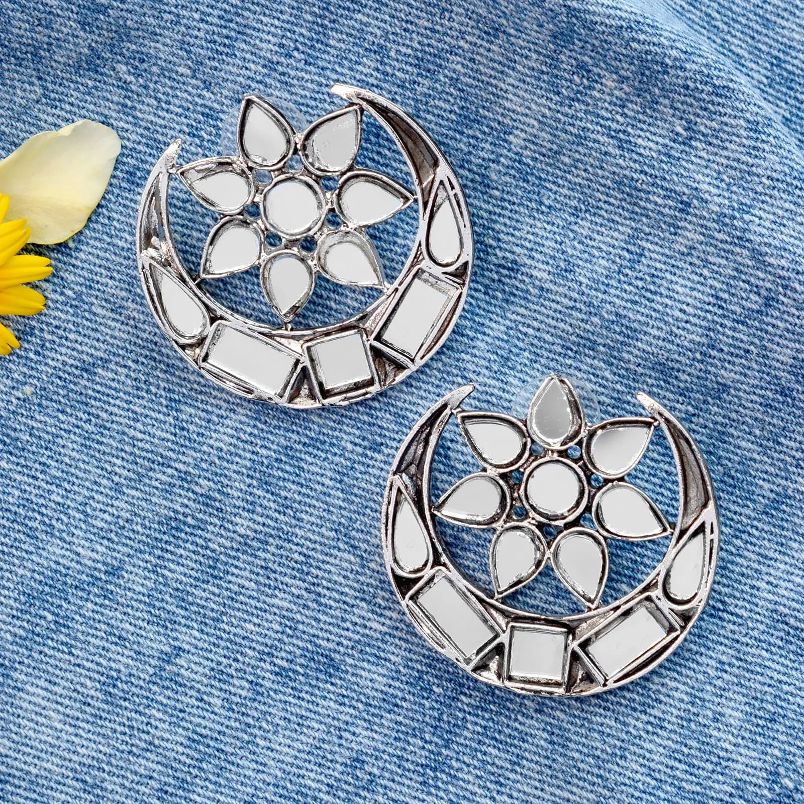 Manth Silver Oxidized Mirror Earrings