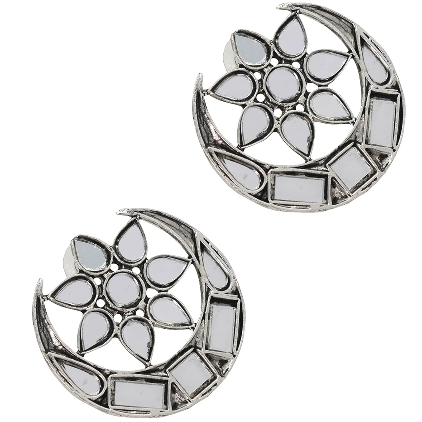Manth Silver Oxidized Mirror Earrings