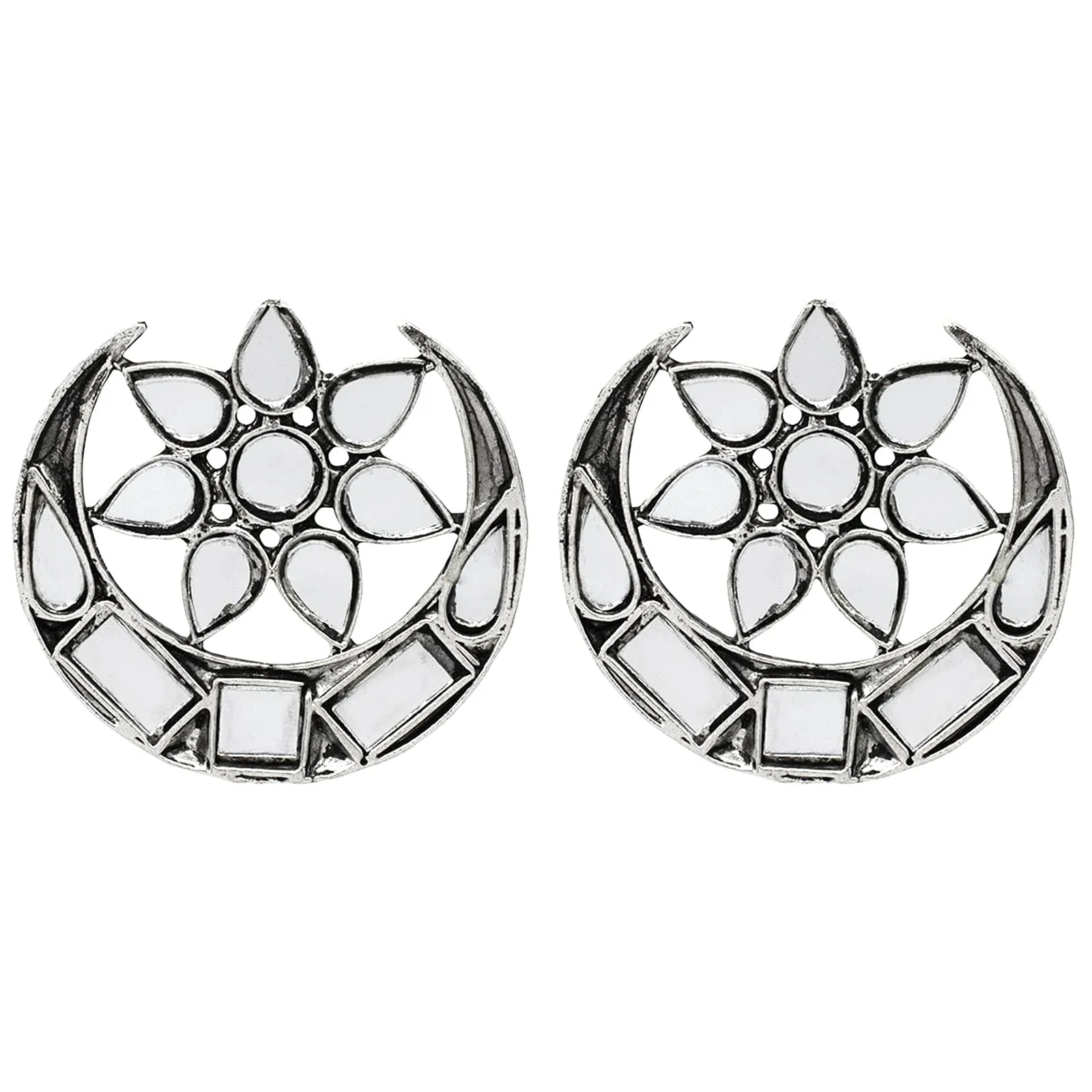 Manth Silver Oxidized Mirror Earrings
