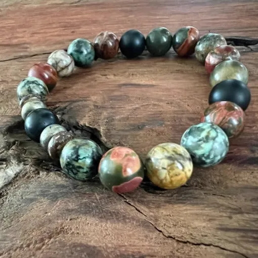 Mind, Body, Soul Unisex Bracelet : Red Creek Jasper, Pyrite, Buri Wood, African Turquoise, Blackstone