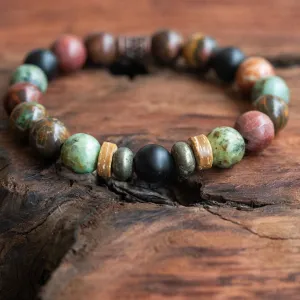 Mind, Body, Soul Unisex Bracelet : Red Creek Jasper, Pyrite, Buri Wood, African Turquoise, Blackstone
