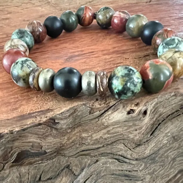Mind, Body, Soul Unisex Bracelet : Red Creek Jasper, Pyrite, Buri Wood, African Turquoise, Blackstone