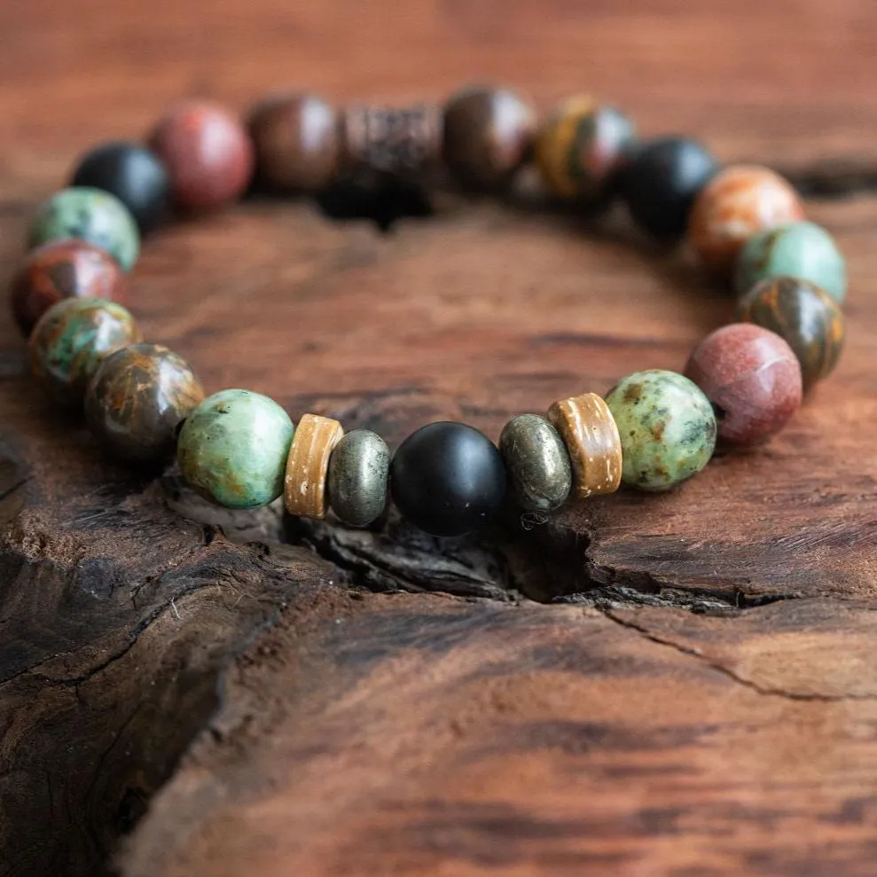 Mind, Body, Soul Unisex Bracelet : Red Creek Jasper, Pyrite, Buri Wood, African Turquoise, Blackstone