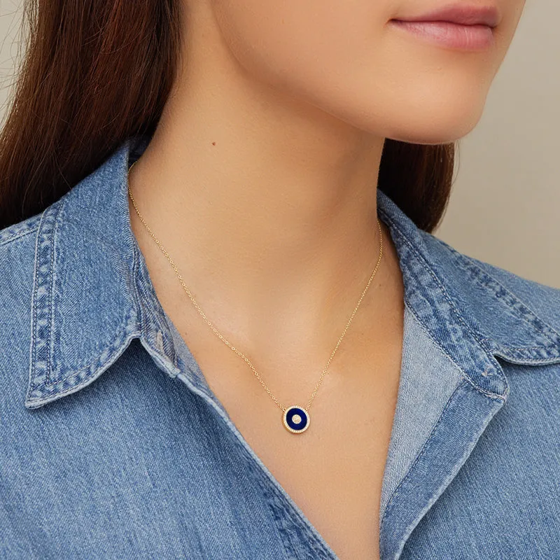 Mini Lapis and Diamond Inlay Evil Eye Necklace