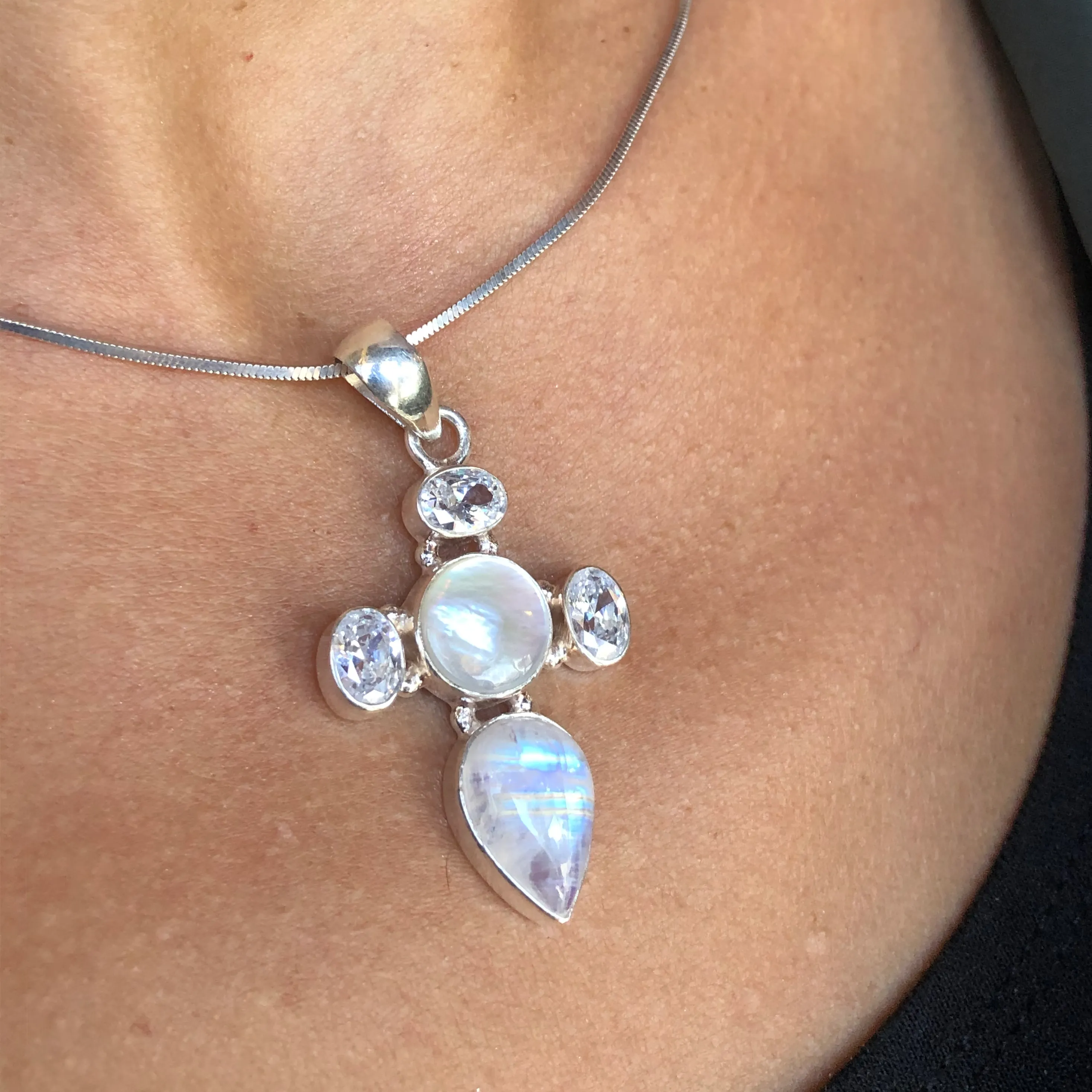 Moonstone & Cubic Zirconia Cross Pendant