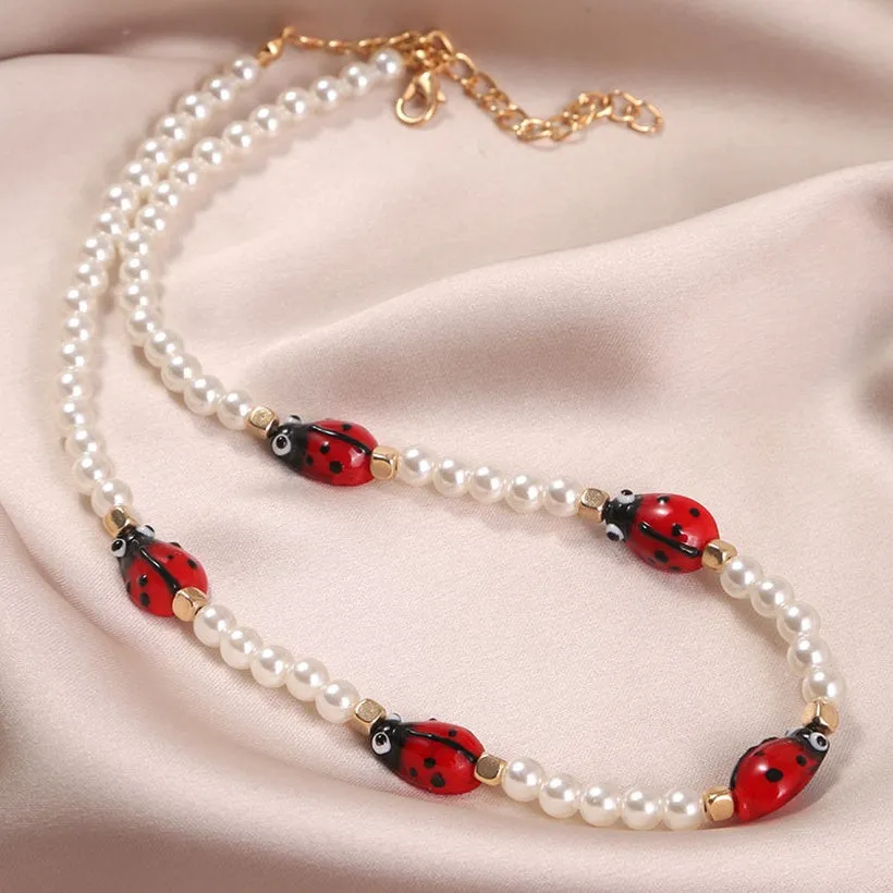 N1975 Gold Pearl Ladybug Necklace with FREE Earrings
