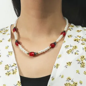 N1975 Gold Pearl Ladybug Necklace with FREE Earrings