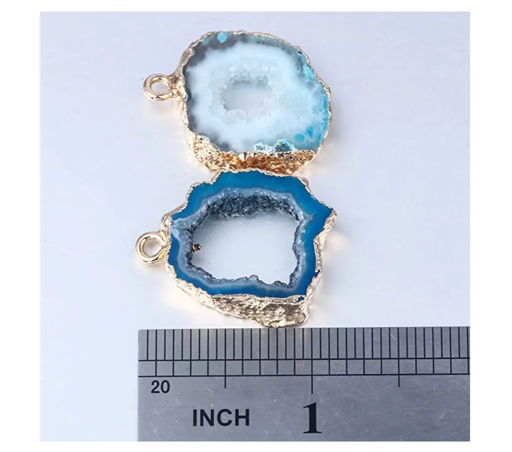 Natural Geode Irregular Slice Blue Agate Stone Druzy Quartz Necklace Gold Stainless Steel 20in.