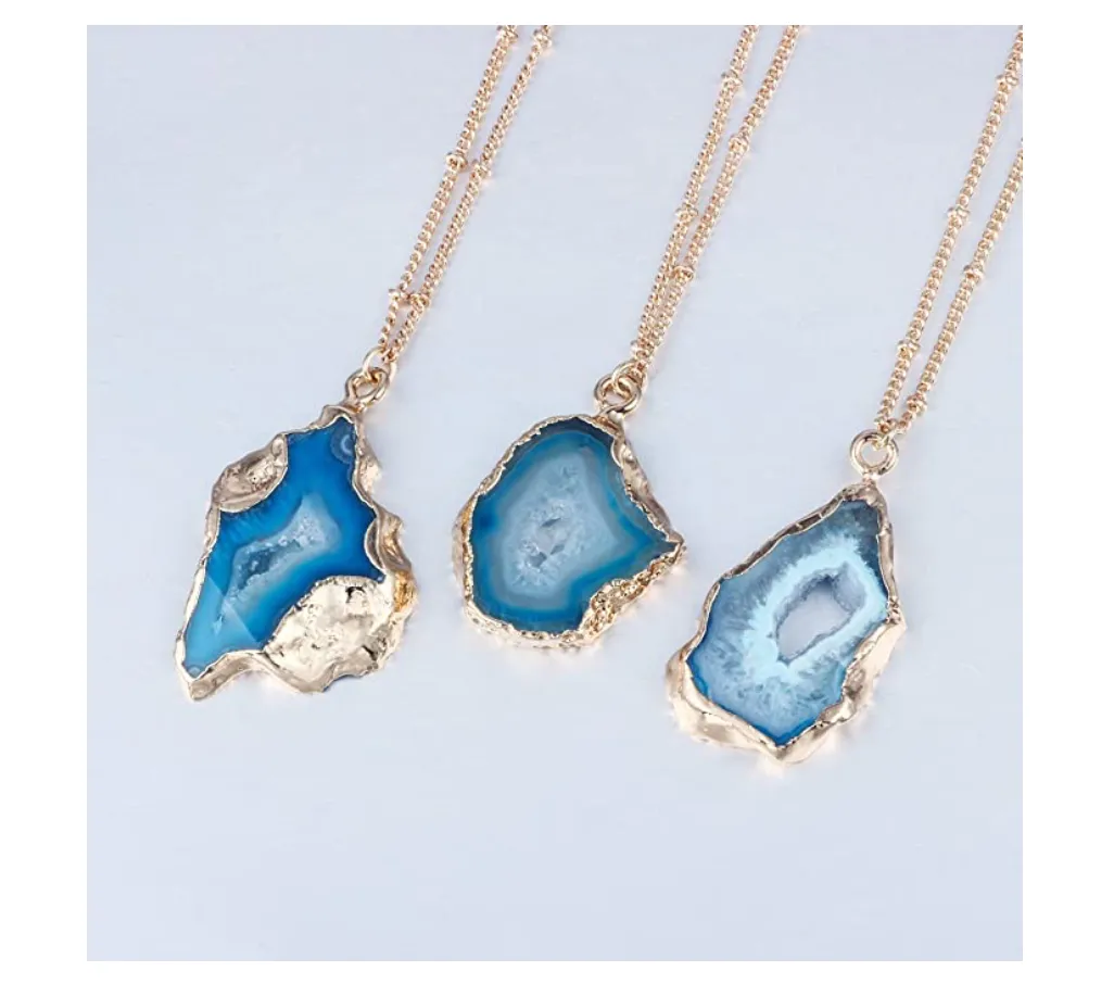 Natural Geode Irregular Slice Blue Agate Stone Druzy Quartz Necklace Gold Stainless Steel 20in.