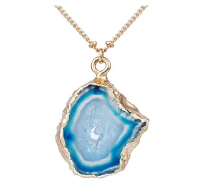 Natural Geode Irregular Slice Blue Agate Stone Druzy Quartz Necklace Gold Stainless Steel 20in.