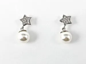 Nice Dainty CZ Star & Pearl Drop Brass Earrings