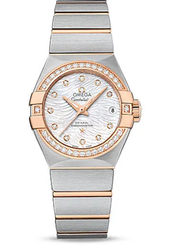 Omega Constellation Co-Axial Watch - 27 mm Steel Case - Diamond-Set 18K Red Gold Bezel - Mother-Of-Pearl Diamond Dial - 123.25.27.20.55.006