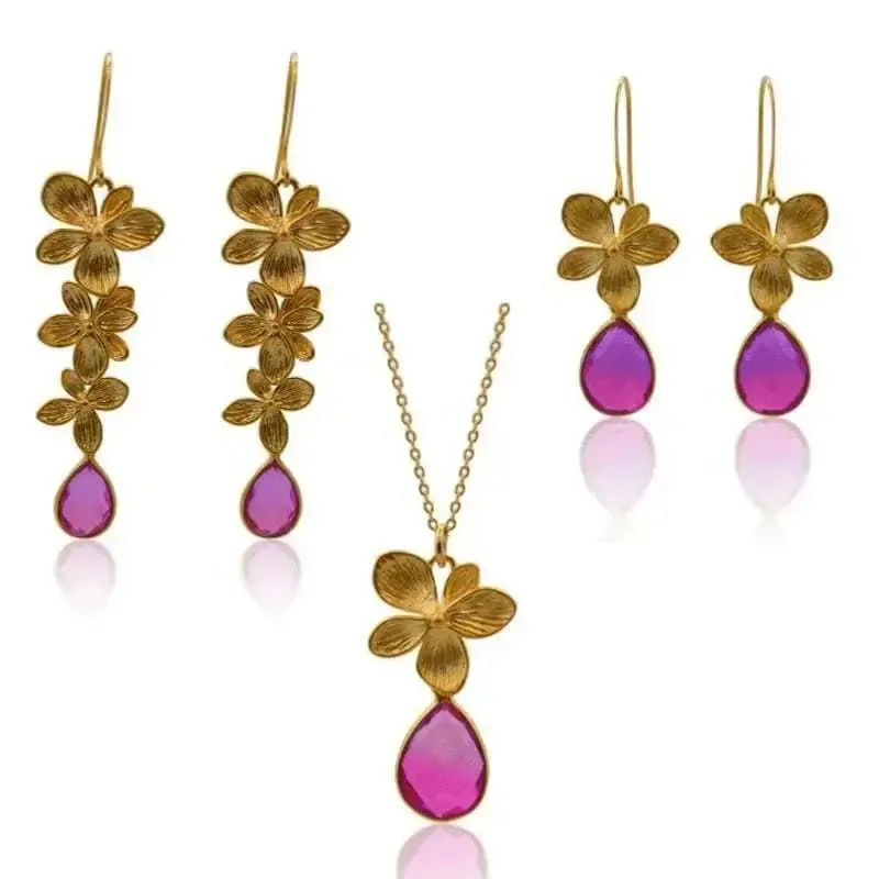 Orchid Earrings Pink Aura 3 Bloom Plumeria Gold Tropical Jewelry