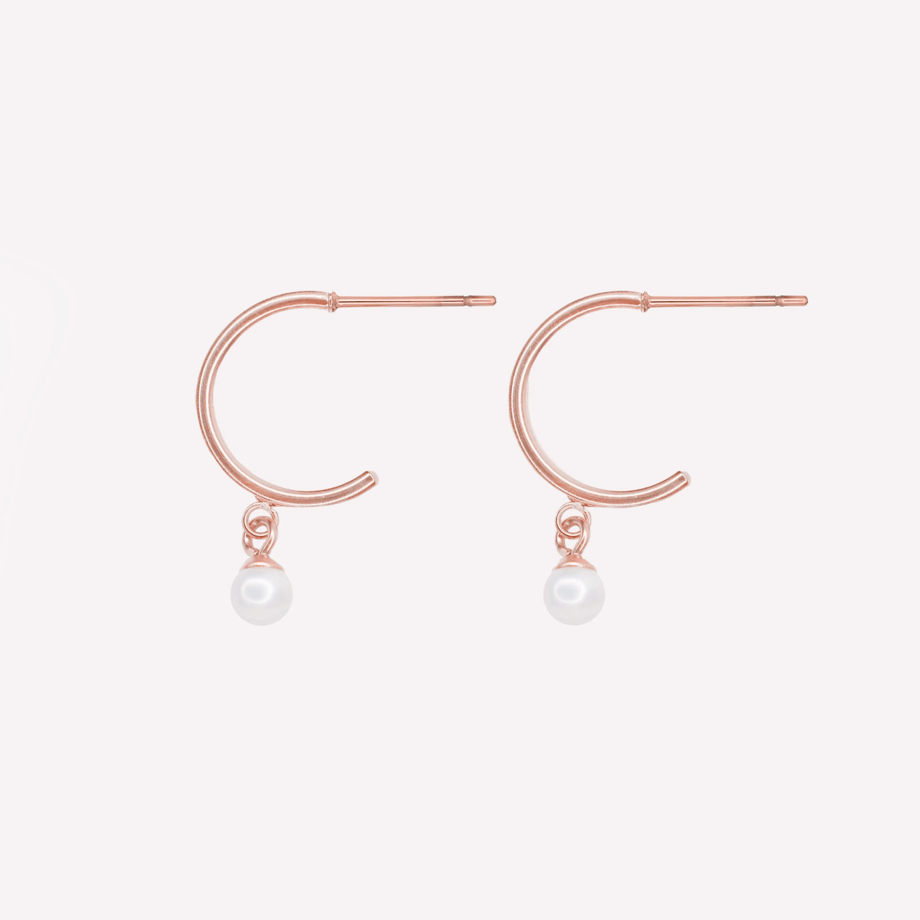 PEARL DANGLE HUGGIE HOOP EARRINGS IN ROSE GOLD