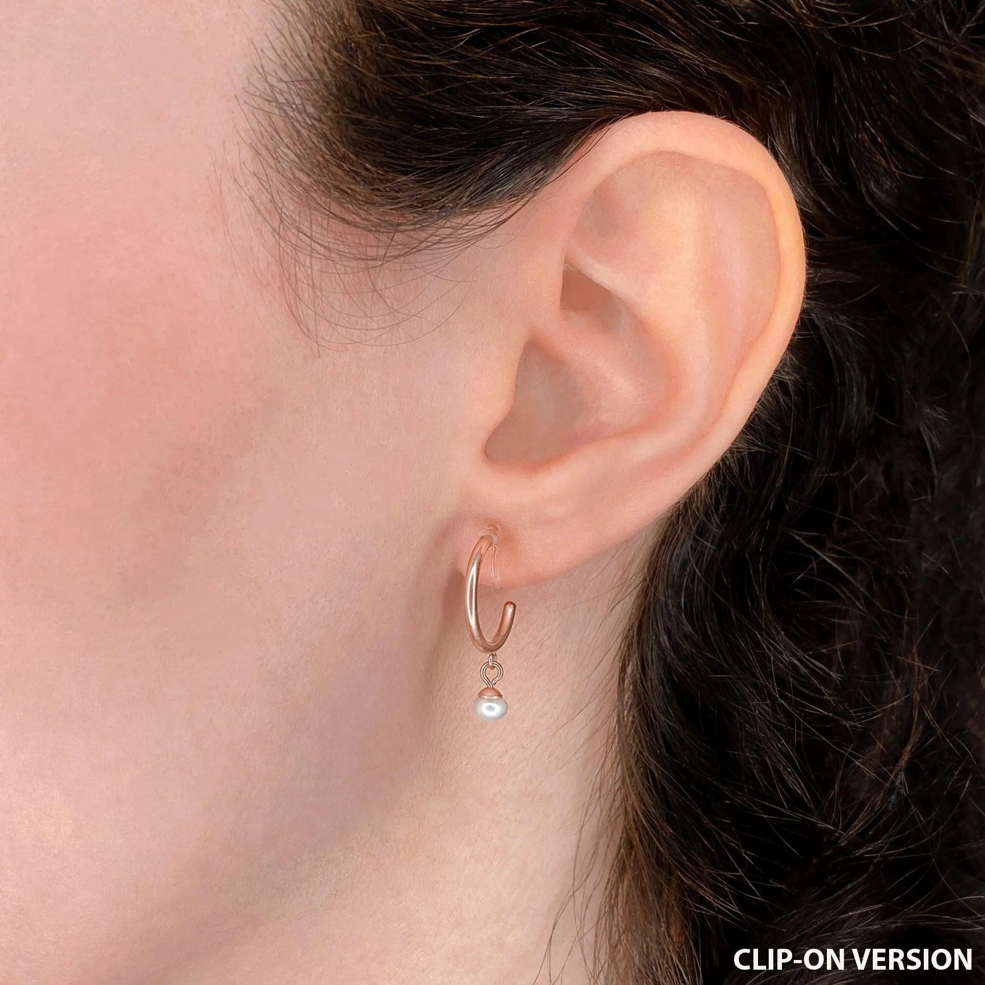 PEARL DANGLE HUGGIE HOOP EARRINGS IN ROSE GOLD