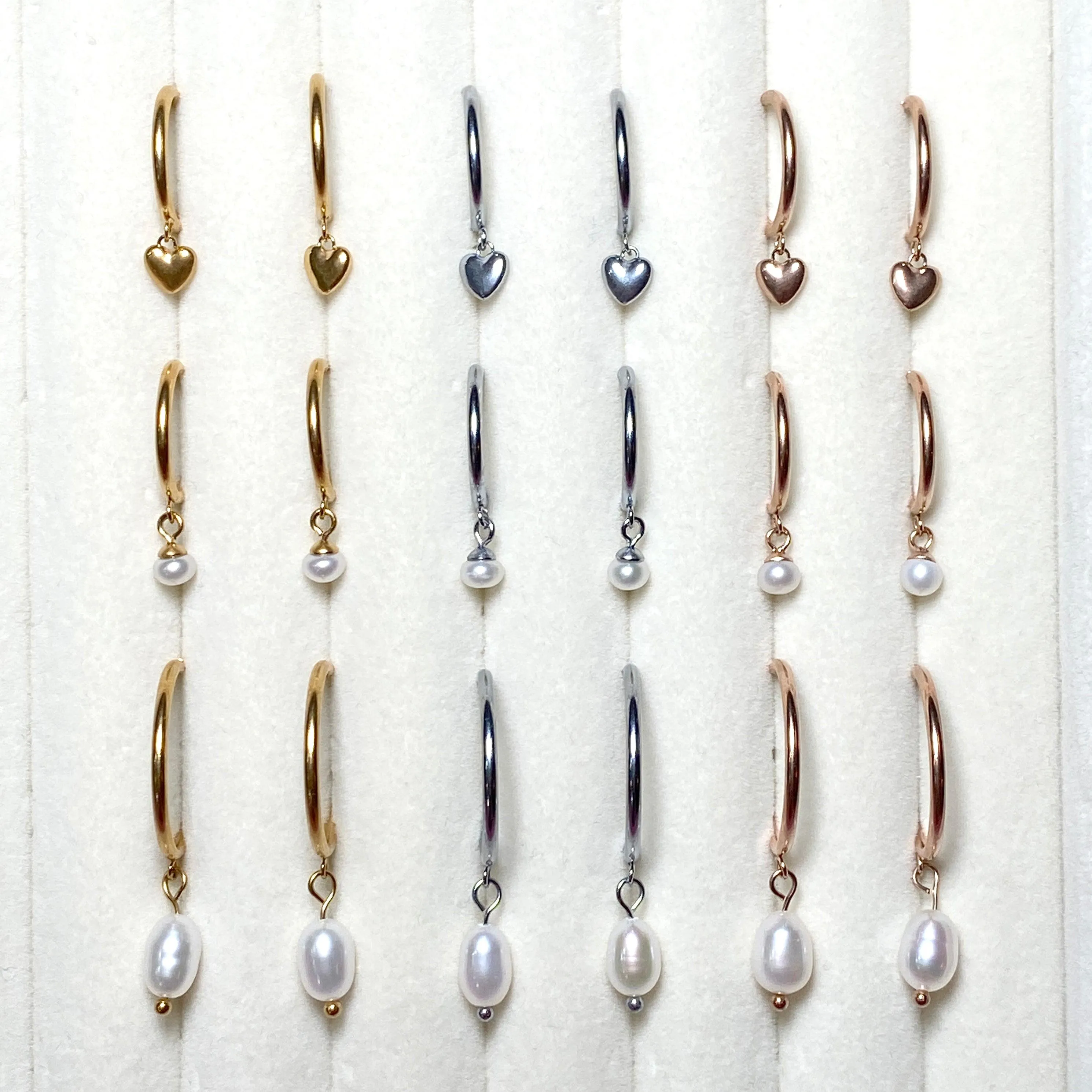 PEARL DANGLE HUGGIE HOOP EARRINGS IN ROSE GOLD