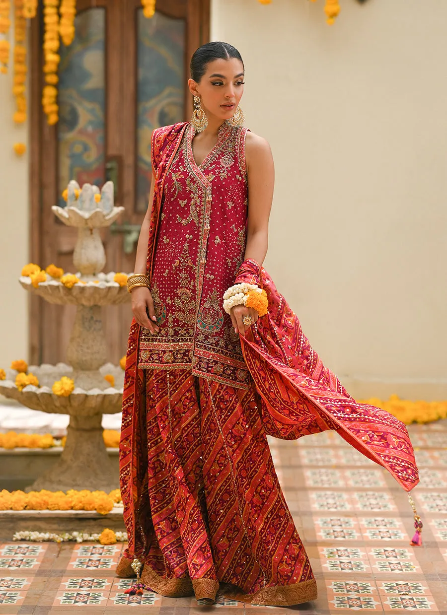 Primrose crimson angharkha, embellished do-paincha dhakha and block print dupatta
