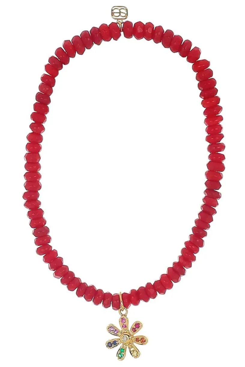 Rainbow Daisy Red Bamboo Coral Bead Bracelet