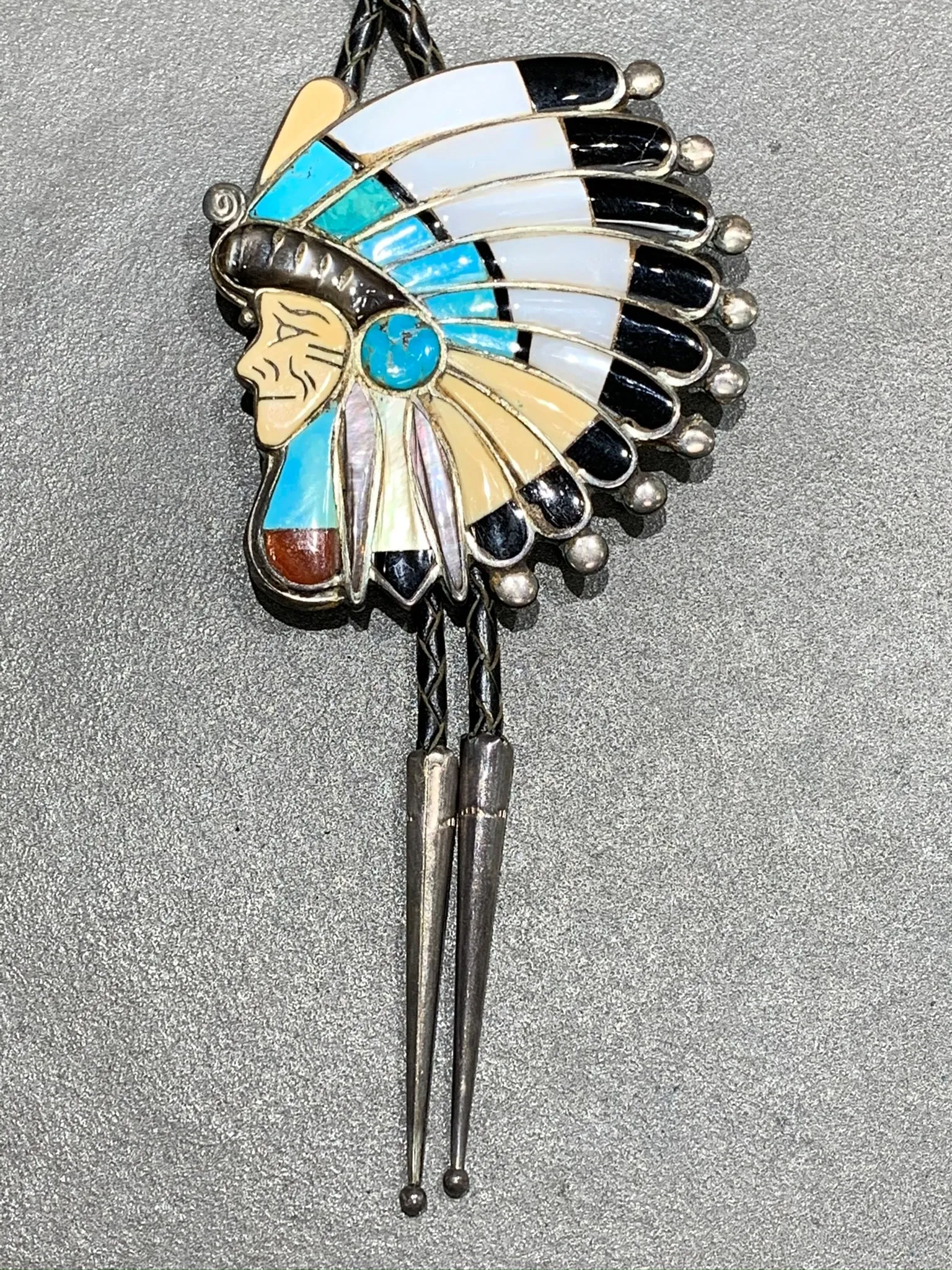 RALPH QUAM ZUNI INLAY STERLING SILVER BOLO