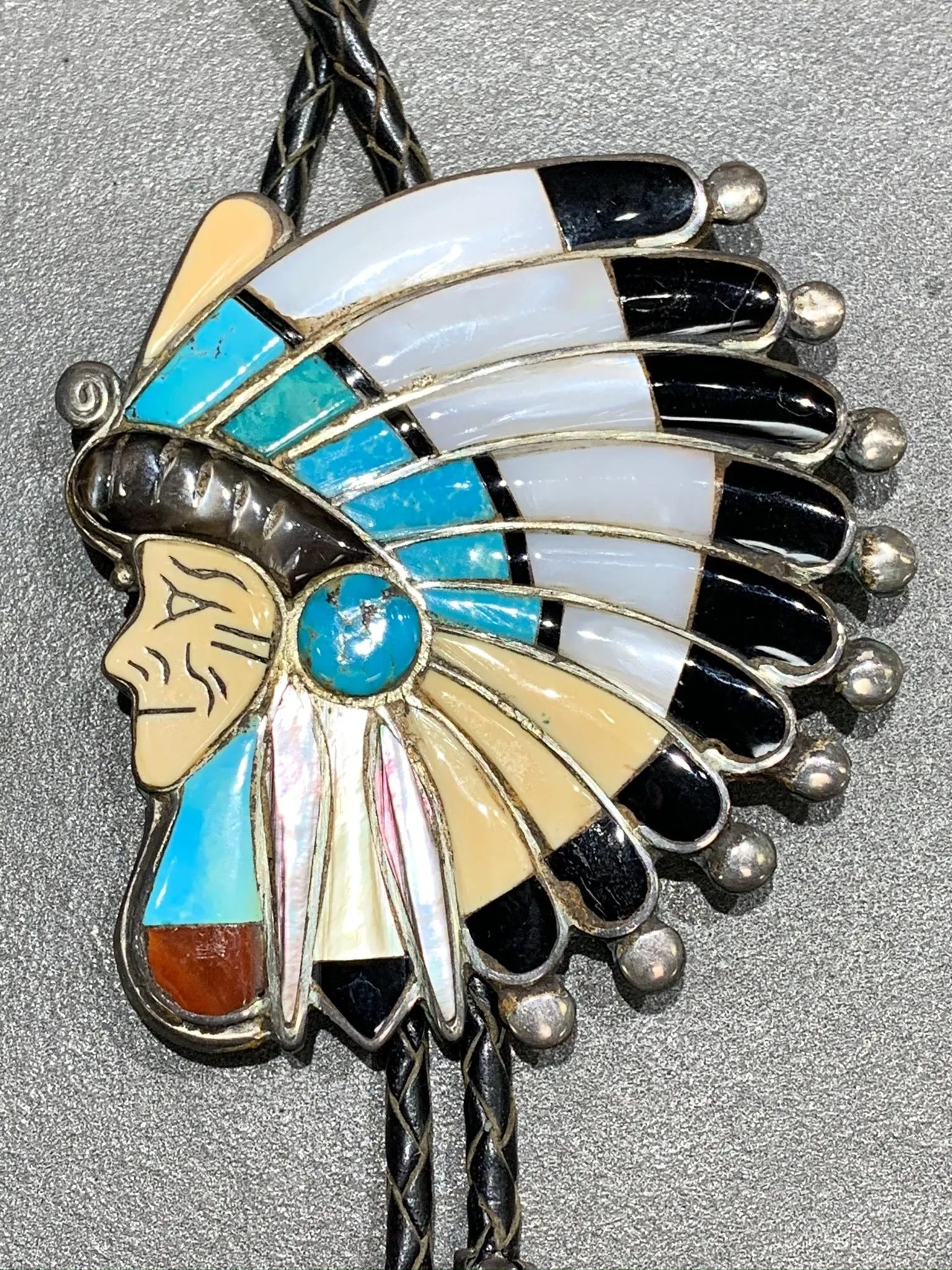 RALPH QUAM ZUNI INLAY STERLING SILVER BOLO