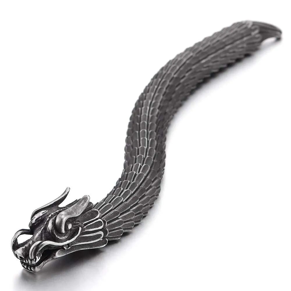 Retro Style Mens Steel Dragon Link Chain Bracelet, Vintage Finishing, Spring Hook Clasp