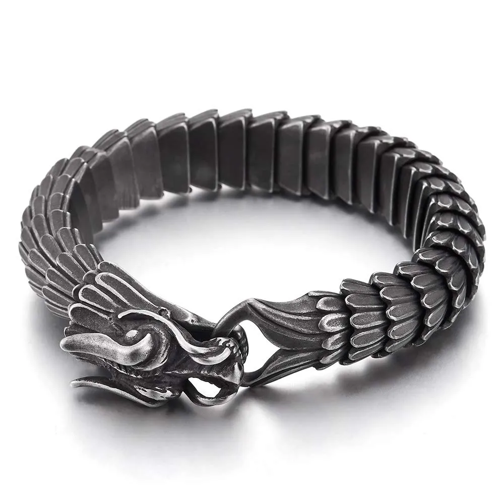 Retro Style Mens Steel Dragon Link Chain Bracelet, Vintage Finishing, Spring Hook Clasp