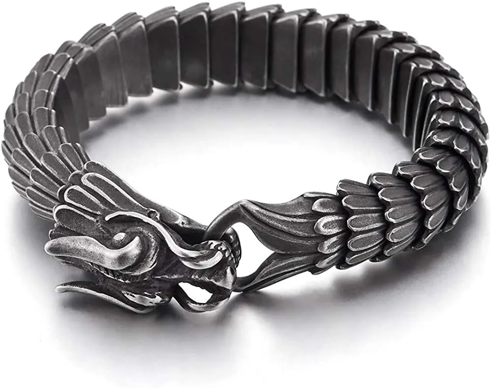 Retro Style Mens Steel Dragon Link Chain Bracelet, Vintage Finishing, Spring Hook Clasp