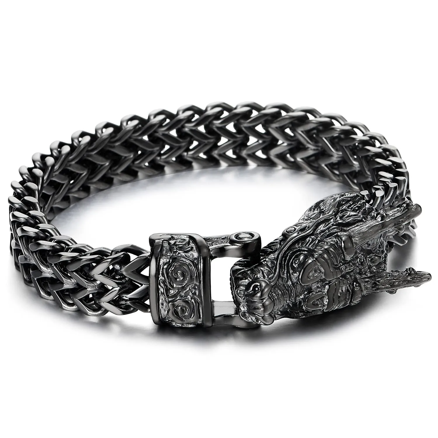 Retro Style Mens Steel Dragon Link Chain Bracelet, Vintage Finishing, Spring Hook Clasp