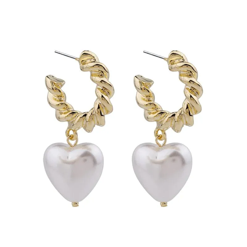 Rope Hoop Earrings with White Pearl Hearts