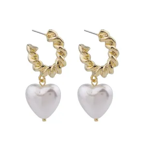Rope Hoop Earrings with White Pearl Hearts