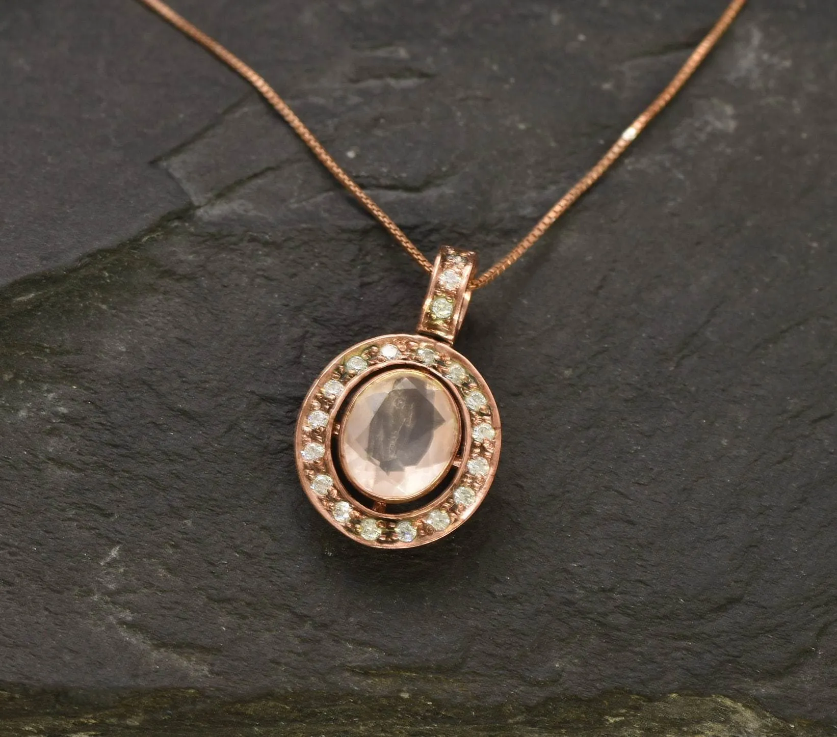 Rose Quartz Necklace - Pink Quartz Necklace - Rose Gold Vintage Pendant