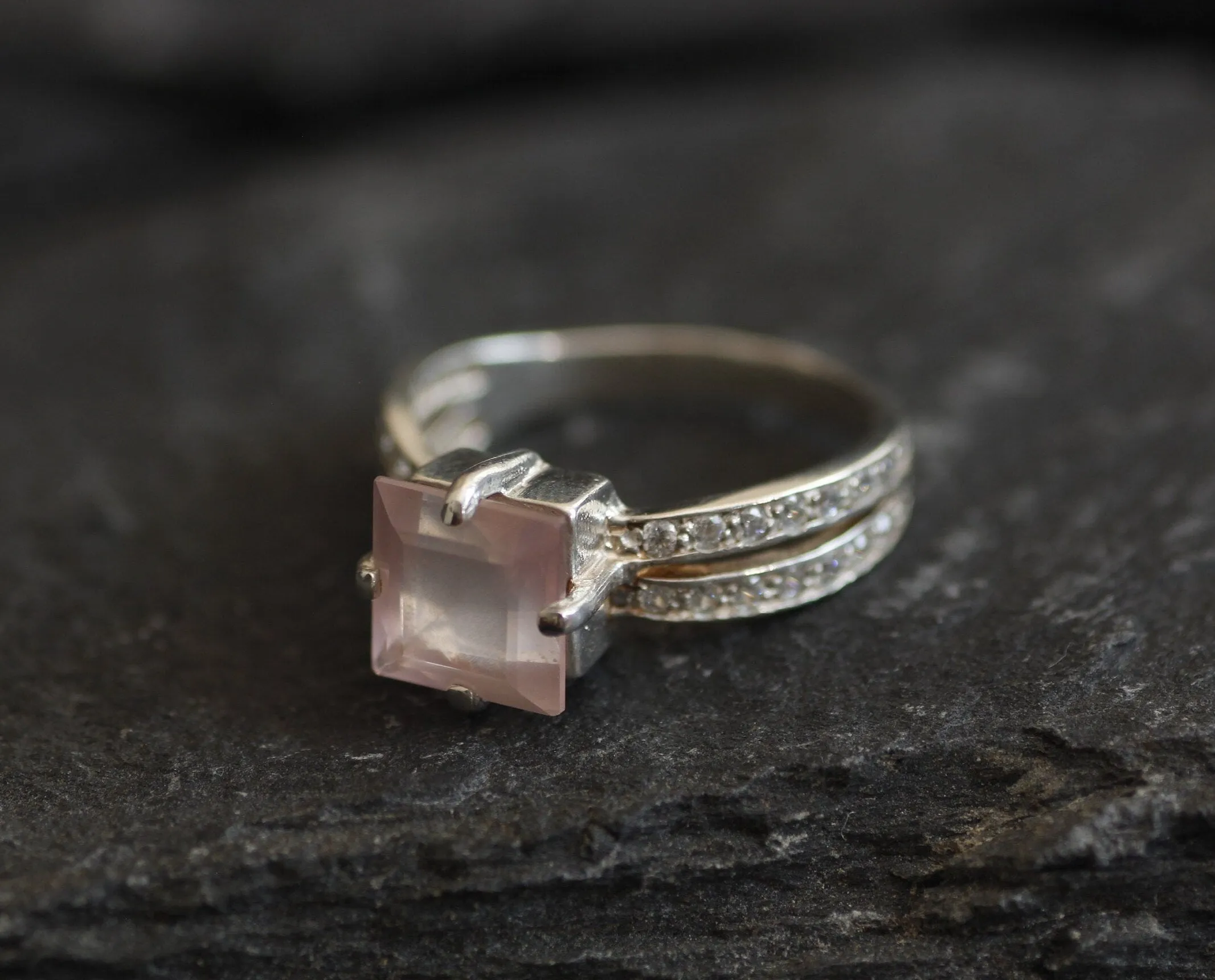 Rose Quartz Ring - Pink Square Ring - Split Shank Ring