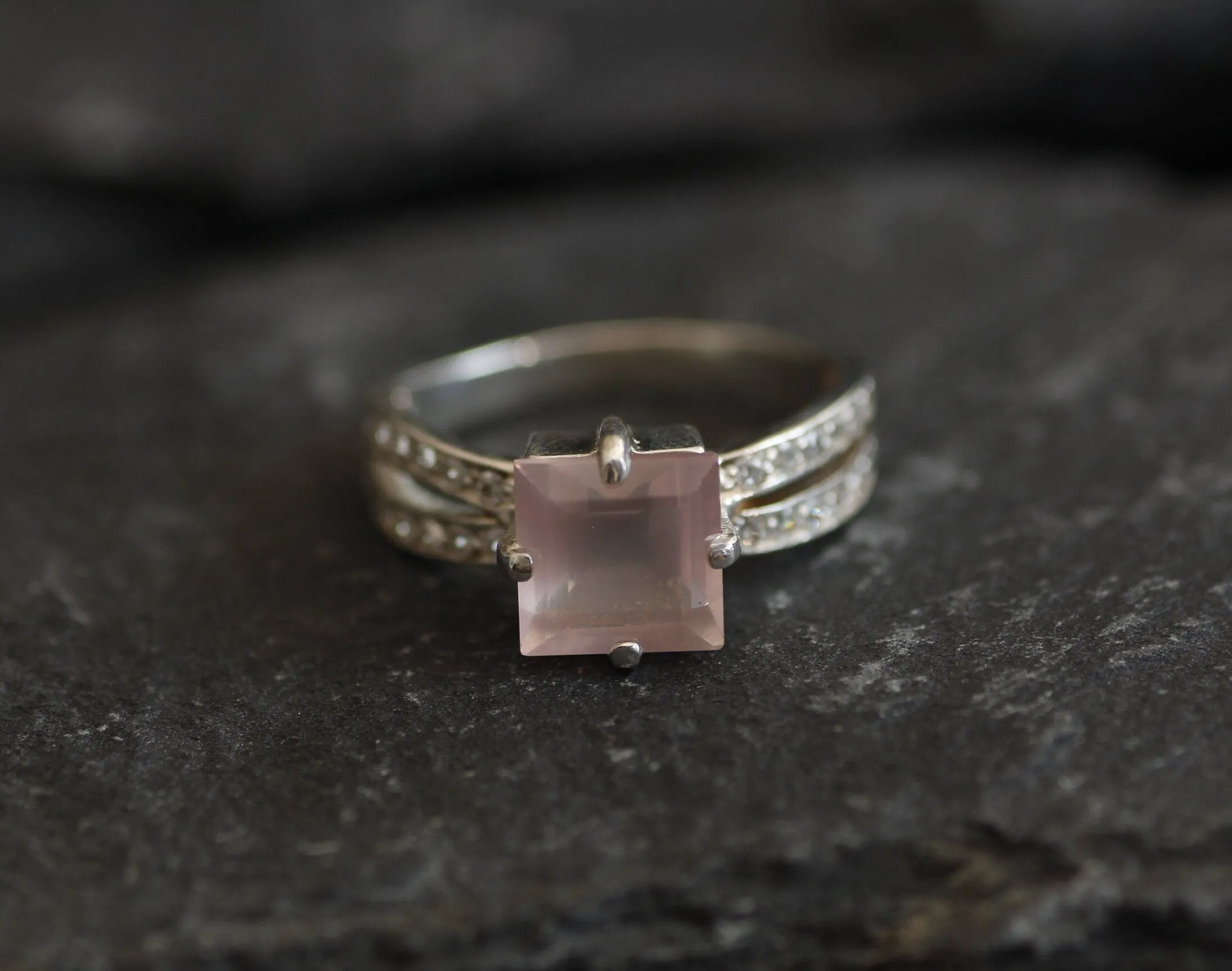 Rose Quartz Ring - Pink Square Ring - Split Shank Ring