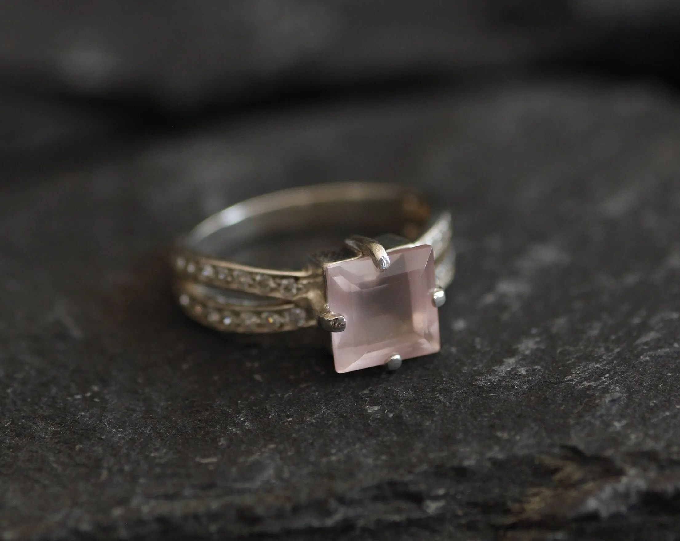 Rose Quartz Ring - Pink Square Ring - Split Shank Ring