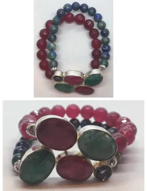 Ruby & Emerald Bracelet set in 925 Silver with Ruby & Lapis Chrysocolla Beaded Bracelet
