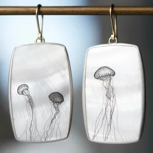 Sea Nettle Mother of Pearl Scrimshaw Earrings