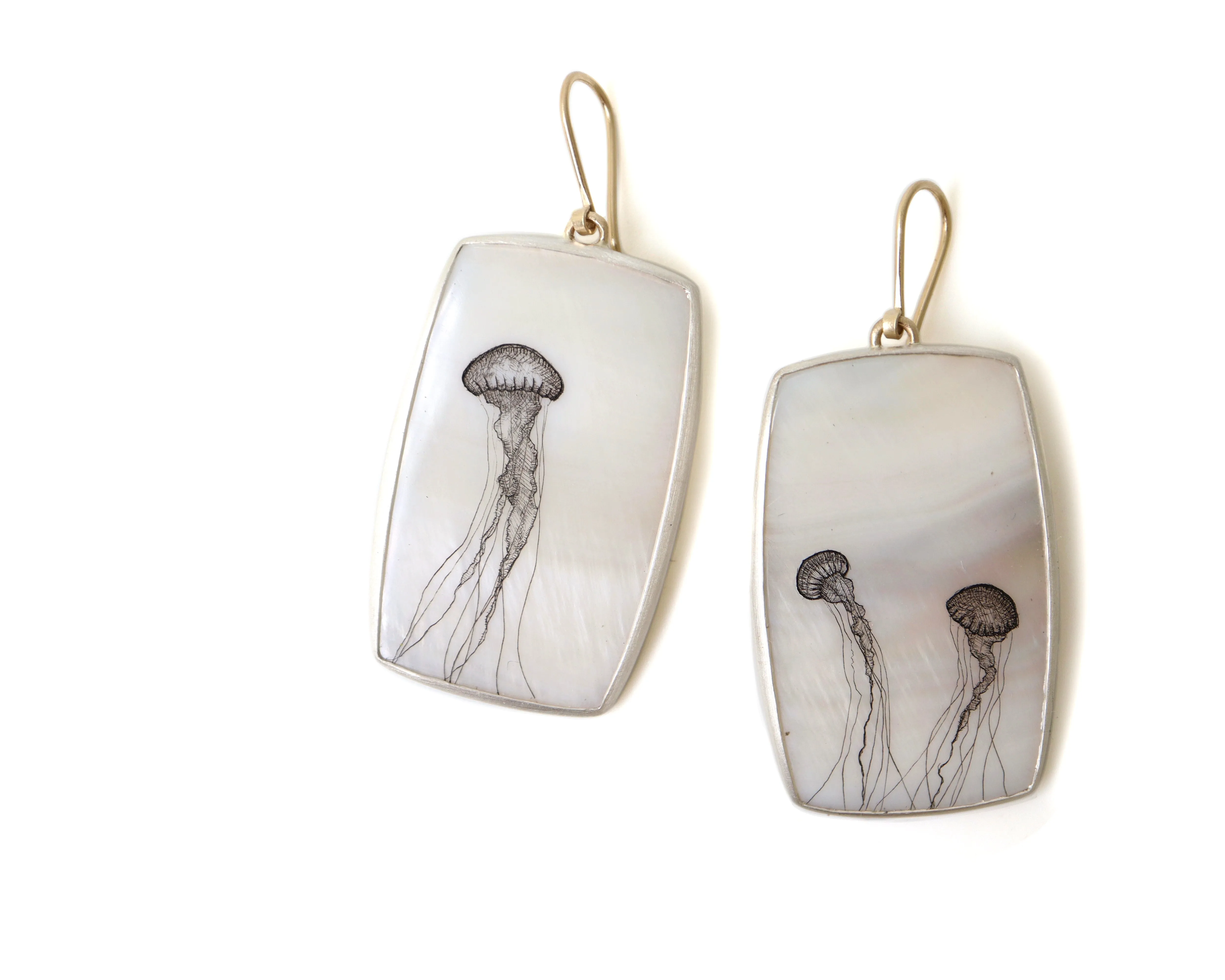 Sea Nettle Mother of Pearl Scrimshaw Earrings