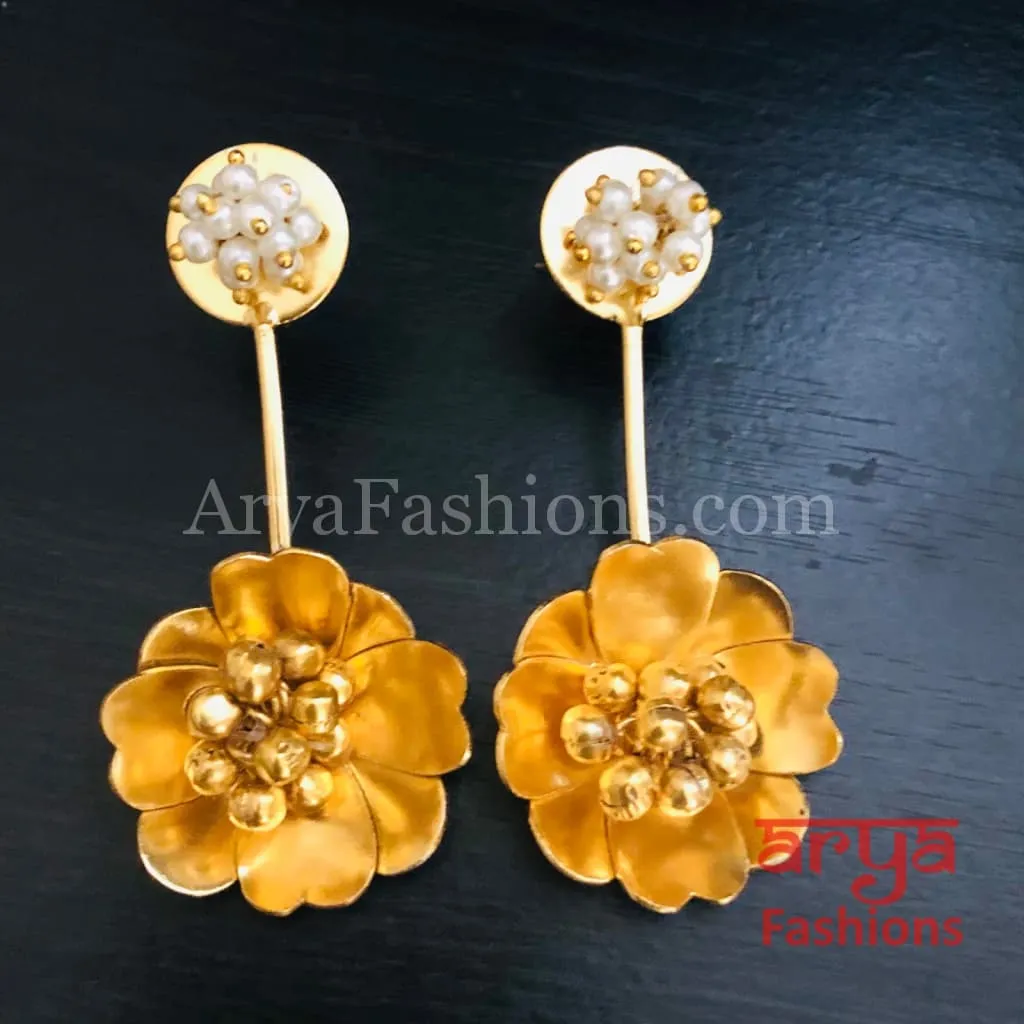Sheena Matte Gold Pearl Long Party Earrings with Ghungroo beads